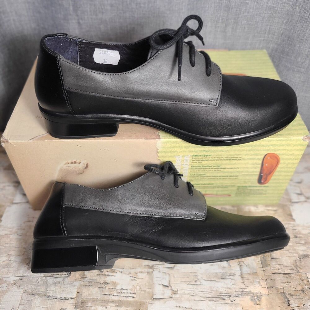 NIB Naot Kedma Oxford, Jet Black/Tin Gray/Black Madras, size 36